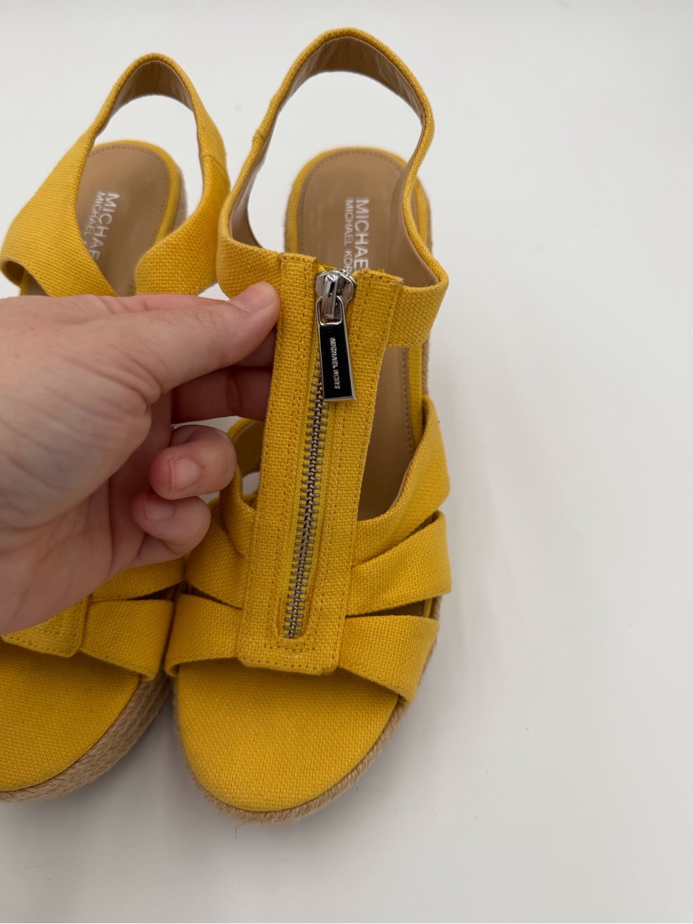 NEW Michael Kors Berkeley Mustard Yellow Espadrille Zip Up Wedge Sandals Sz 9 - Picture 3 of 6